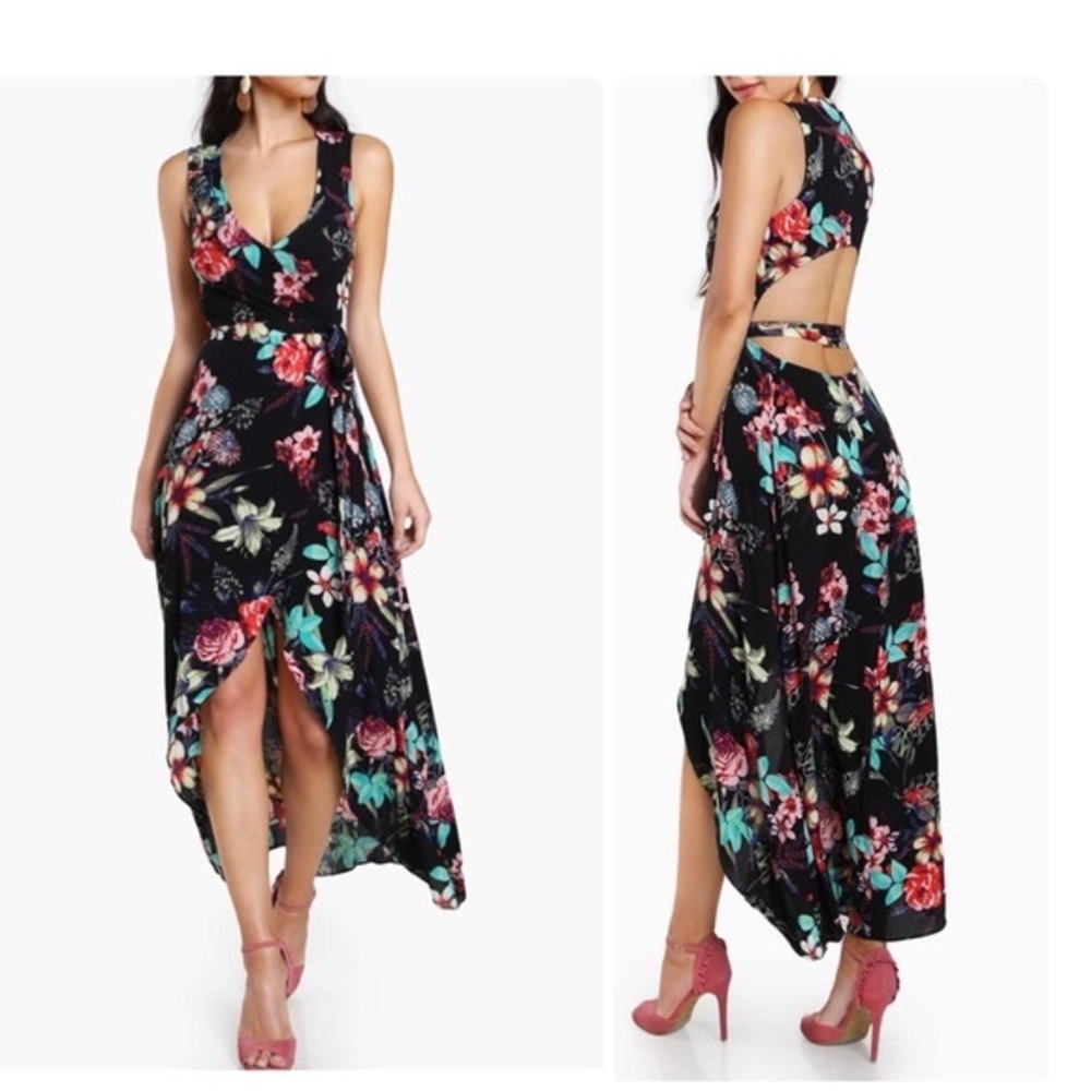 Lulu‘s floral true wrap Hi-Low 100% Rayon Backless Maxi Dress